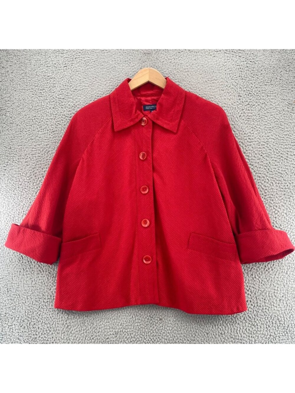 Jones New York Jacket Womens 22W Red Ribbed Button Up Pockets 3/4 Raglan Sleeve